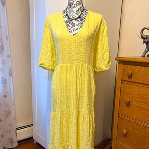 Soft Surroundings Yellow Seersucker Tiered V-Neck Dress Size 2X